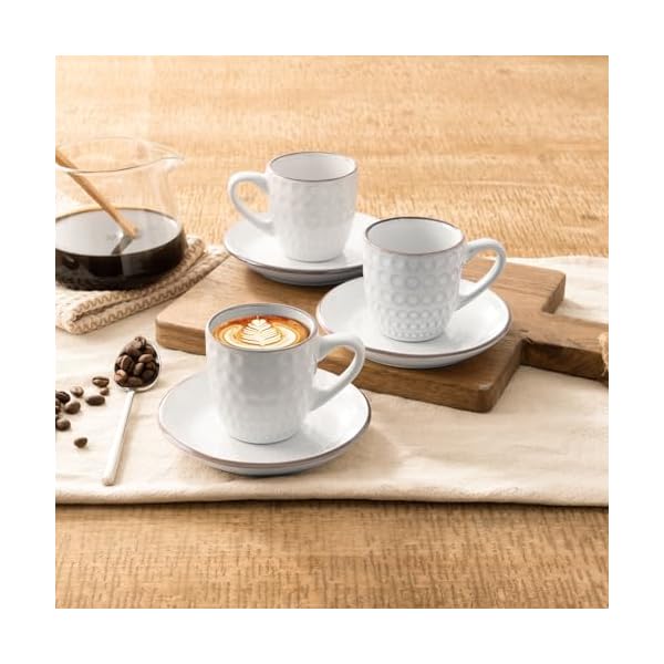 Famiware espresso cups and saucers set of 4 3 oz ceramic small coffee mug with handle embossed stoneware demitasse cup for tea latte microwave dishwasher safe white circle  urban country home decor