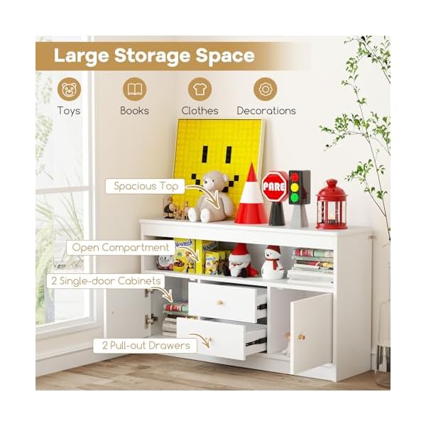   Costzon-Toy-Storage-Organizer-Wooden-Kids-Bookshelf-with-2-Drawers-2-Cabinets-Open-Shelf-Toy-Organizers-and-Storage-for-Playroom-Bedroom-Nursery-White