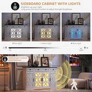 Farmhouse Buffet Cabinet with Storage, 55" Sideboard with Doors & Shelves, Coffee Bar & Pantry Cabinet with Light, Wooden Buffet Table for Kitchen, Dining Room, Antique White Farmhouse Buffet Cabinet with Storage 55 Sideboard with Doors Shelves Coffee Bar Pantry Cabinet with Light Wooden Buffet Table for Kitchen Dining Room Antique White