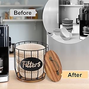 Rustic Coffee Filter Holder with Lid Acacia Coffee Filter Holder Storage Container Basket Round Coffee Filter Dispenser Coffee Filter Container for Counter Coffee Bar Accessories Decor