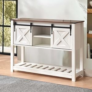 Entryway Table with Storage, Farmhouse Buffet Cabinet Coffee Bar Kitchen Island with Sliding Barn Doors & Shelves, Console Table for Kitchen, Dining Room, Living Room, White Entryway Table with Storage Farmhouse Buffet Cabinet Coffee Bar Kitchen Island with Sliding Barn Doors Shelves Console Table for Kitchen Dining Room Living Room White
