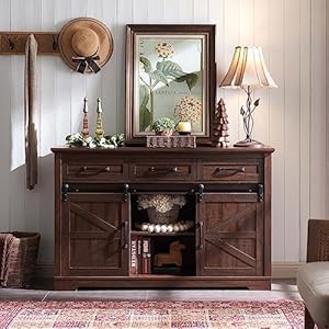 Farmhouse Buffet Cabinet 53 Sideboard Cabinet w3 Drawer Rustic Storage Cabinets wSliding Barn Door Coffee Bar for Dinning Room Kitchen Hallway and Living Room Brown