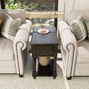 Narrow End Table with Drawer and Open Storage Shelf, Solid Wood Sofa Side Table for Living Room, Beside Table,Telephone Table for Small Spaces, Easy Assembly Vintage Black BBJ004BK Narrow End Table with Drawer and Open Storage Shelf Solid Wood Sofa Side Table for Living Room Beside TableTelephone Table for Small Spaces Easy Assembly Vintage Black BBJ004BK