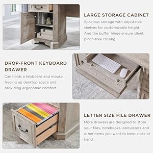 T4TREAM 59 Farmhouse Executive Desk with HutchWood Home Office Computer Desk Featuring Keyboard TrayCharging StationFile Drawer Storage Cabinetfor Work and Study Light Rustic Oak