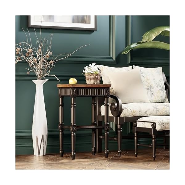   Rustic-Farmhouse-Cottagecore-Accent-End-Table-Distressed-Accent-Side-Table-with-Espresso-Tray-Top-and-Woven-Wicker-Shelf-Boho-French-Country-Decor-Square-Weathered-Brown-Black