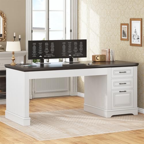 SEDETA Office Desk with 3 Drawers 55 Executive Computer Desk with Storage Drawers Farmhouse Desk with Power Outlet for Home Office White