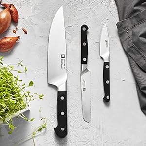 ZWILLING Pro 3 pc Starter Knife Set 3 inch Paring 5 inch Serrated Utility 8 inch Chefs Knife Full Tang and Handle are Triple Riveted Made in Germany