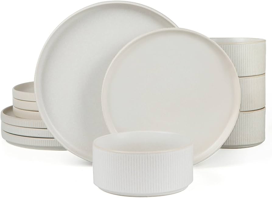 Famiware Star Dinnerware Sets, Plates and Bowls Set for 4, 12 Piece Dish Set, Ribbed, Full Glaze Matte White