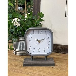 Rae Dunn Desk Clock Battery Operated Modern Metal Rustic Design with Wooden Base for Bedroom Office Kitchen Small Classic Analog Display Chic Home Decor for Desktop Table Countertop