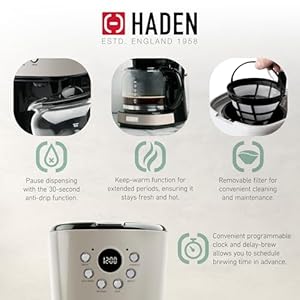 Haden 12 Cup Programmable Drip Coffee Maker Coffee Machine Bundled with Dorset 2 Slice Wide Slot Stainless Steel Toaster Putty Chrome