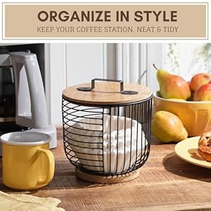 MosJos Coffee Filter Holder for Counter with Wooden Lid Round Black Wire Coffee Pod Storage Container Basket for Kitchen Countertop Organization Coffee Bar Accessories