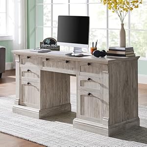 OKD 60 Executive Desk with Drawers Farmhouse Home Office Desk with Charging Station Keyboard Tray File Cabinet Storage Wood Computer Desk for Work and Study Antique Brushed White
