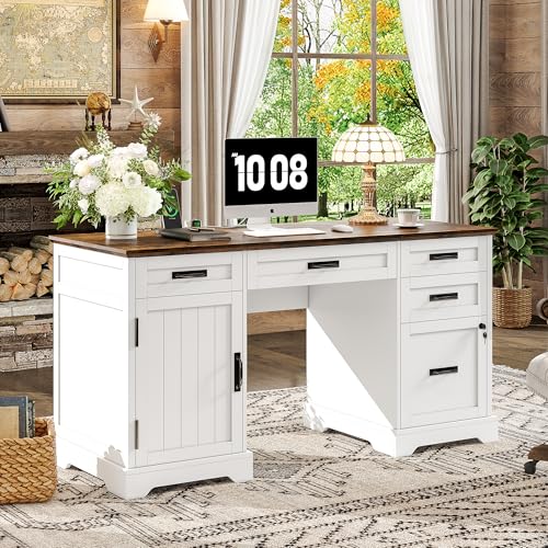 Alohappy-55-Farmhouse-Executive-Desk-with-File-Cabinet-Home-Office-Wood-Computer-Desk-with-Drawers-and-Power-Outlets-White Alohappy 55 Farmhouse Executive Desk with File Cabinet Home Office Wood Computer Desk with Drawers and Power Outlets White