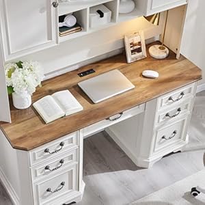 T4TREAM 59 Farmhouse Executive Desk with HutchWood Home Office Computer Desk Featuring Keyboard TrayCharging StationFile Drawer Storage Cabinetfor Work and Study Antique White