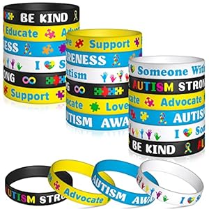 WATINC 48Pcs Autism Awareness Silicone Bracelets Colorful Puzzle Pieces Ribbons Stretch Wristbands Motivational Rubber Bracelet with Inspirational Messages for Men Women Teens Gifts (4 Colors)