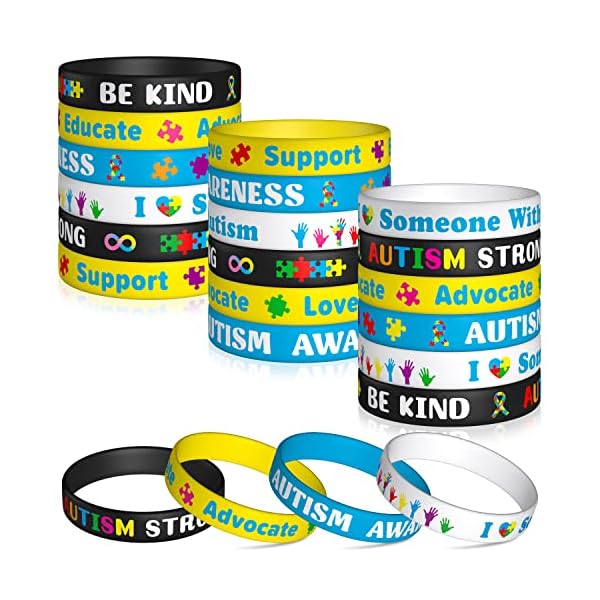 WATINC 48Pcs Autism Awareness Silicone Bracelets Colorful Puzzle Pieces Ribbons Stretch Wristbands Motivational Rubber Bracelet with Inspirational Messages for Men Women Teens Gifts (4 Colors)