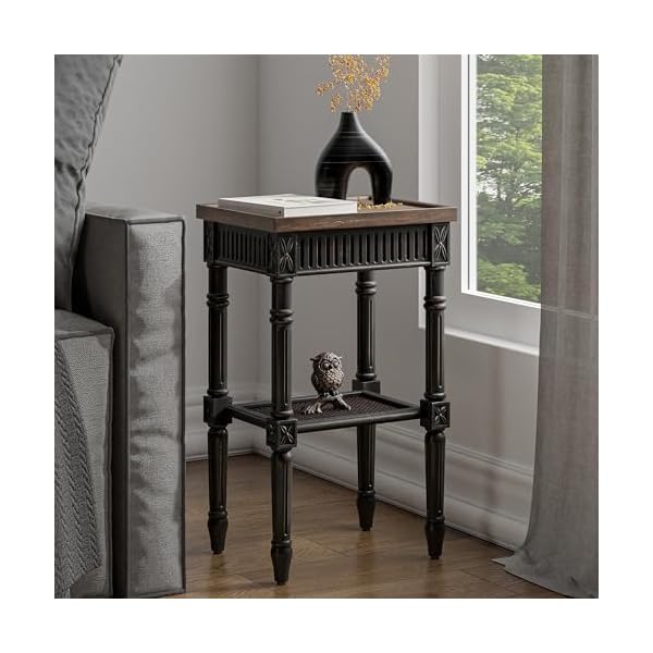   Rustic-Farmhouse-Cottagecore-Accent-End-Table-Distressed-Accent-Side-Table-with-Espresso-Tray-Top-and-Woven-Wicker-Shelf-Boho-French-Country-Decor-Square-Weathered-Brown-Black