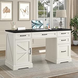 Furniouse 57" Executive Desk, Farmhouse Computer Desk with Drawers and File Cabinet with Charging Station, Wooden Home Office Desk, Workspace for Work & Writing, Black Tabletop Furniouse 57 Executive Desk Farmhouse Computer Desk with Drawers and File Cabinet with Charging Station Wooden Home Office Desk Workspace for Work Writing Black Tabletop