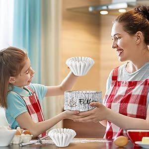 Coffee Filter Holder with 50 Pieces Coffee Filter Farmhouse Basket Coffee Filter Storage Container Rustic Style White Round Coffee Filter Case for Coffee Bar Counter Decor Shelf Storage