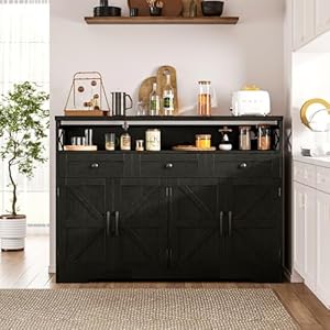 51 Black Buffet Sideboard Cabinet with Storage Farmhouse Kitchen Storage Pantry Cabinet with Drawers Wood Cupboard Hutch Cabinet Coffee Bar Station Table for Kitchen Living Room Dining Room