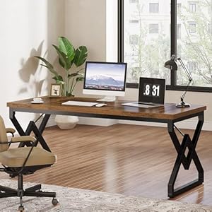 Tribesigns 63 Large Industrial Executive Desk with Extra Thickened Tabletop Metal Frame Heavy Duty 300 lb Capacity Home Office Desk for Study Room Dorm Bedroom–Vintage Brown Black