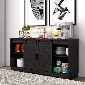 Panana bar cabinet with barn 2 sliding doors buffet farmhouse storage cabinet tv stand black  urban country home decor
