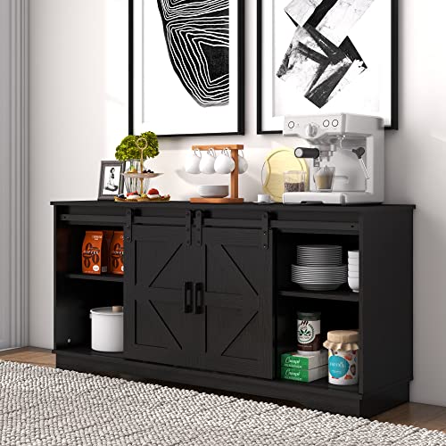 Panana Bar Cabinet with Barn 2 Sliding Doors Buffet Farmhouse Storage Cabinet TV Stand Black