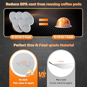   NESSUS-Refill-Kit-for-Reusable-Nespresso-Vertuo-Pods-Lid-Quick-Opener-for-Original-Seal-50PCS-Aluminum-Foil-Lids-Tamp-Press-Refillable-Vertuo-Capsules-Holder-and-Brush