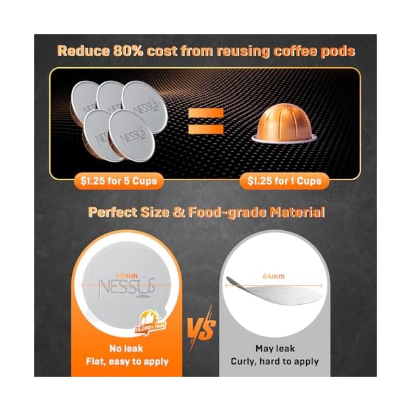   NESSUS-Refill-Kit-for-Reusable-Nespresso-Vertuo-Pods-Lid-Quick-Opener-for-Original-Seal-50PCS-Aluminum-Foil-Lids-Tamp-Press-Refillable-Vertuo-Capsules-Holder-and-Brush