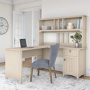 Bush Furniture Salinas L Shaped Desk with Hutch in Antique White | Corner Table with Drawers and Storage for Home Office Bush Furniture Salinas L Shaped Desk with Hutch in Antique White Corner Table with Drawers and Storage for Home Office