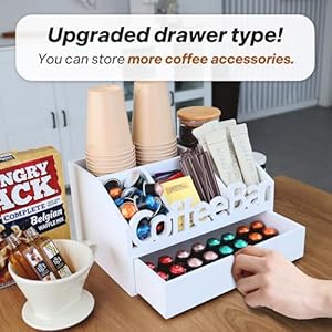 Coffee Bar Organizer - Wooden Coffee Station with Drawer, K Cup Stand for Countertop - White Coffee Bar Organizer Wooden Coffee Station with Drawer K Cup Stand for Countertop White