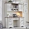 T4tream 59 farmhouse executive desk with hutchwood home office computer desk featuring keyboard traycharging stationfile drawer storage cabinetfor work and study antique white  urban country home decor