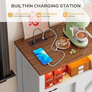 Buffet Sideboard with Storage with Power Outlets LED Light 4 Doors 55 Large Farmhouse Kitchen Storage Cabinet Wood Coffee Bar Cabinet Buffet Table for Kitchen Dining Room Entryway