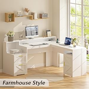63 farmhouse l shaped executive desk with drawers storage shelf corner computer desk with power outlets l shaped office desk with monitor stand printer shelf white  urban country home decor