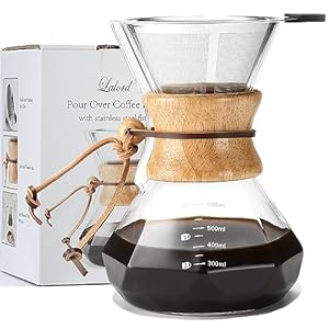 Pour Over Coffee Maker with Stainless Steel Filter 20 oz Borosilicate Glass Coffee Carafe Wooden Collar Coffee Maker Carafe Hold 3 4 Cups 600 ml Clear