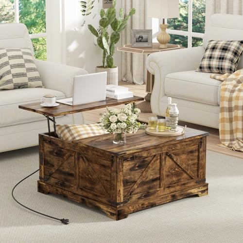 Farmhouse Lift Top Coffee Table with Storage 315 W Wood Square Center Table with Charging Station Rustic Cocktail Tables with Flip Top Lids for Living Room Home Office Rustic Brown
