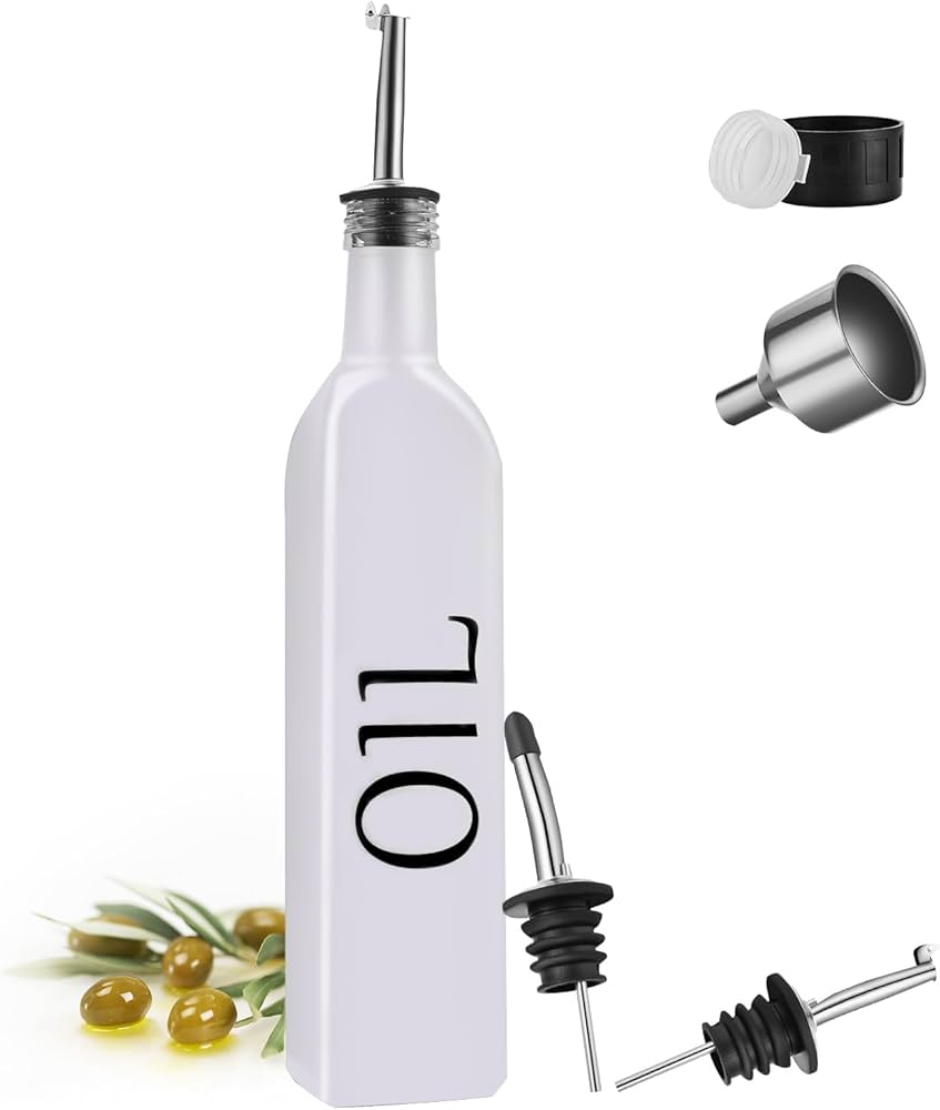 DIMBRAH Olive Oil Dispenser, Oil Dispenser Bottle for Kitchen, White Olive Oil Bottle with 2 No-drip Pourers and Funnel, Farmhouse Glass Oil Bottle - [SINGLE PACK]
