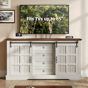 YITAHOME 59 Farmhouse Buffet Cabinet with Storage Large Sideboard Cabinet wSliding Barn Doors and 4 Drawers Kitchen Cabinets for Living Room White Oak