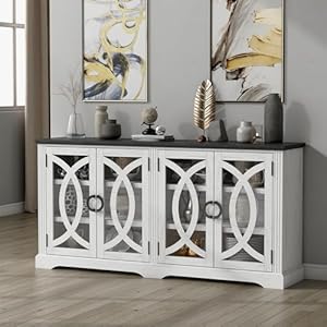 wanan 69 Sideboard Buffet Farmhouse Buffet Cabinet with 4 Glass Barn Doors Wood Sideboard Storage Cabinet for Kitchen Dining Room Living Room Antique White