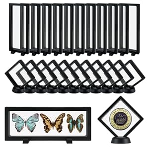 24Pcs 3D Floating Display Case, Transparent Film Jewely Storage Box, Black Challenge Coin Display Holder Stand for Antique Challenge Coins Medals Jewelry Shells Gems Minerals Rocks Specimen Pins