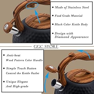   GGC-Tea-Kettle-for-Stove-Top-Loud-Whistling-Kettle-for-Boiling-Water-Coffee-or-Milk-31-Quart-3L-Heavy-Stainless-Steel-Black-Kettle-with-Wood-Pattern-Handle-Unique-Button-Control-Kettle-Outlet
