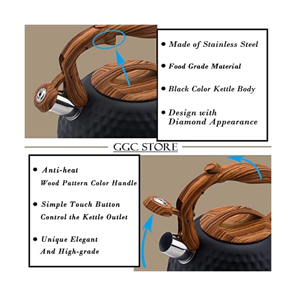   GGC-Tea-Kettle-for-Stove-Top-Loud-Whistling-Kettle-for-Boiling-Water-Coffee-or-Milk-31-Quart-3L-Heavy-Stainless-Steel-Black-Kettle-with-Wood-Pattern-Handle-Unique-Button-Control-Kettle-Outlet