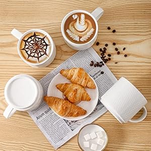 Hasense Coffee Mugs Set of 4 with Stand 15 oz Porcelain Stackable Coffee Cups Set with handle for Tea Latte Milk and Cappuccino White Embossed Tea Cups Set with Geometric Pattern for Men and Women