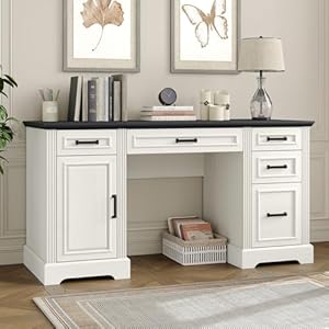 Furniouse 58" Executive Desk, Farmhouse Computer Desk with Drawers and Cabinet with Charging Station, Wooden Home Office Desk, Workspace for Work & Writing, Black Tabletop Furniouse 58 Executive Desk Farmhouse Computer Desk with Drawers and Cabinet with Charging Station Wooden Home Office Desk Workspace for Work Writing Black Tabletop