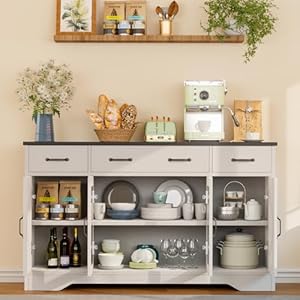 Likein Sideboard Buffet Cabinet with Storage 55 Kitchen Coffee Bar Cabinet with 3 Drawers Glass Doors Farmhouse Sideboard Buffet Table with Adjustable Shelves for Living Room Dining Room White