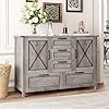 Maupvit Buffet Cabinet Sideboard Cabinet with 2 Doors and 5 Drawers Farmhouse Buffet Table with Storage for Kitchen Wood Buffet Coffee Bar Table for Dining Room Grey