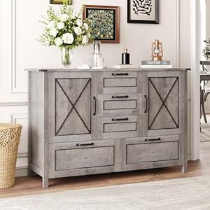 Maupvit Buffet Cabinet Sideboard Cabinet with 2 Doors and 5 Drawers Farmhouse Buffet Table with Storage for Kitchen Wood Buffet Coffee Bar Table for Dining Room Grey
