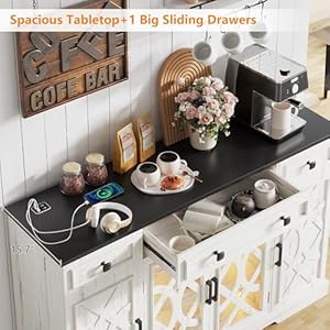 Farmhouse Buffet Cabinet with Storage, 55" Sideboard with Doors & Shelves, Coffee Bar & Pantry Cabinet with Light, Wooden Buffet Table for Kitchen, Dining Room, Antique White Farmhouse Buffet Cabinet with Storage 55 Sideboard with Doors Shelves Coffee Bar Pantry Cabinet with Light Wooden Buffet Table for Kitchen Dining Room Antique White