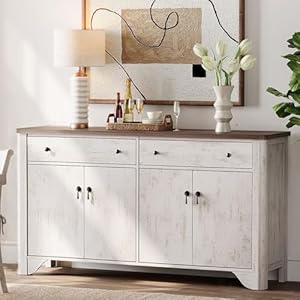 WAMPAT Sideboard Buffet Cabinet with Storage 59 Large Farmhouse Buffet Cabinet with 2 Drawers and 4 Doors Adjustable Shelves Coffee Bar Wine Bar Buffet Table for Dining Room Living Room White