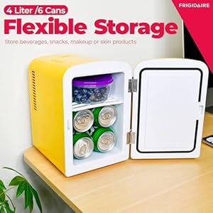 Frigidaire Curtis EFMIS151 Mini Portable Compact Personal Cooler Fridge 4 Liter Capacity 6 Cans Makeup Skincare Freon Free Eco Friendly Includes Home Plug 12V Car Charger Yellow